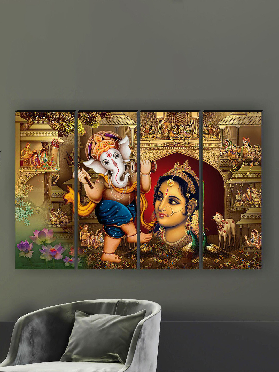 SAF 4-Pcs Blue & Yellow Ganesha Religious Painting Framed Wall Art