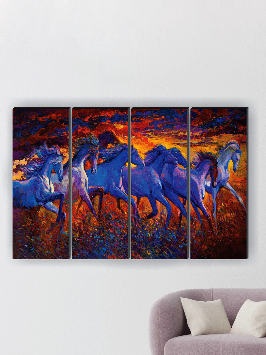 SAF 4-PC Blue & Red Seven Running Horses Printed Wall Art