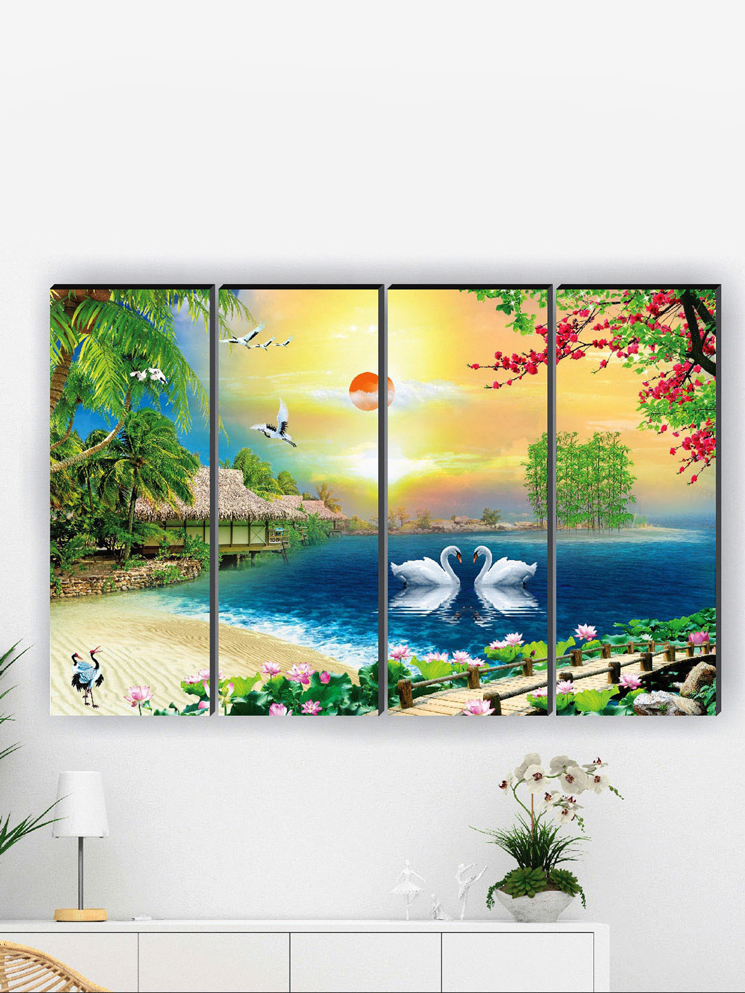 SAF 4-Pc Green & Blue FLoving Swan Painting Framed Wall Art