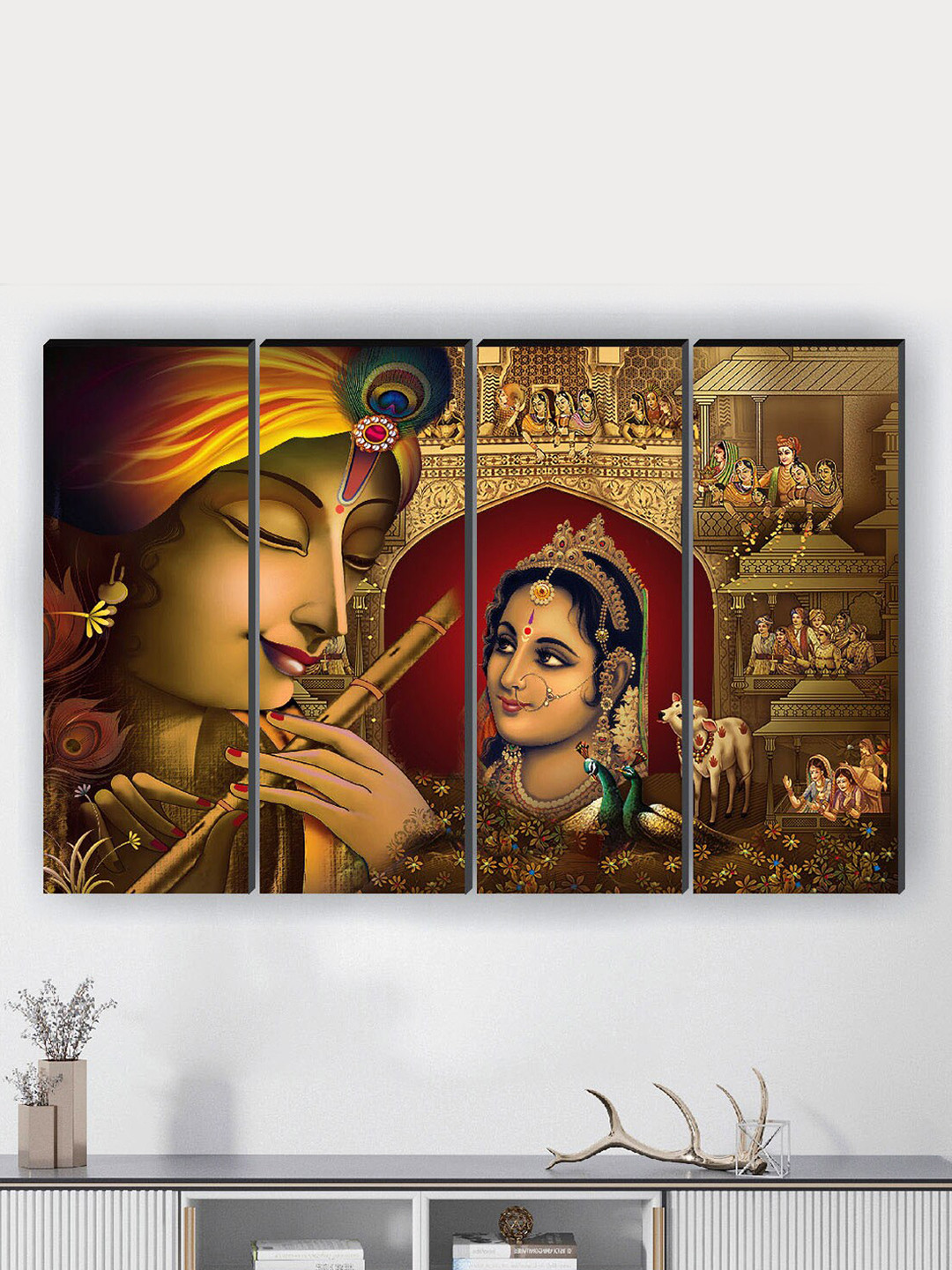 SAF 4 Piece Radha Krishna Printed Wooden Rectangle Paintings Wall Art - 24x18In
