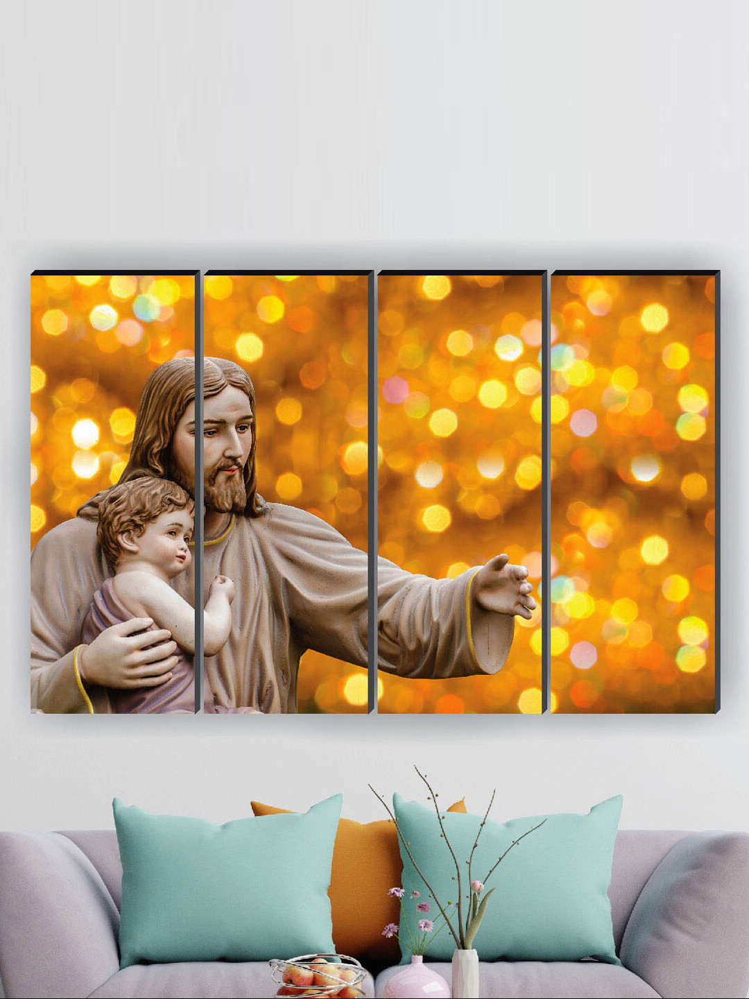 SAF 4 Pieces Orange & Grey Jesus Printed Framed Wall Art