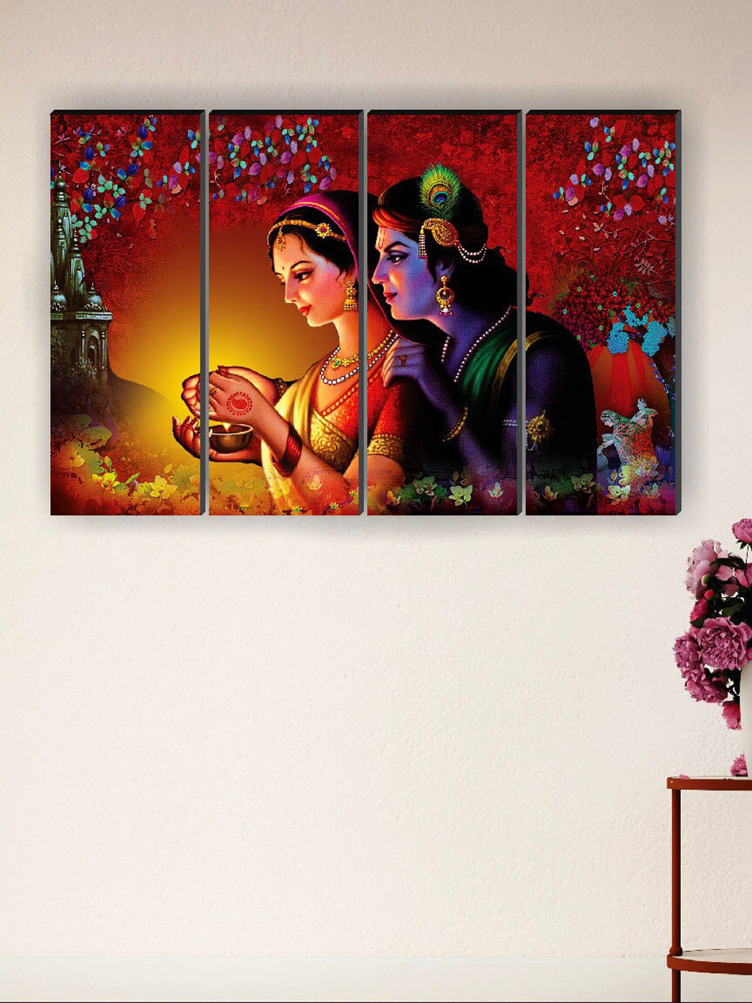 SAF Radha Krishna Wood 4 Pcs Wall Rectangle Paintings Wall Art - 16x24In