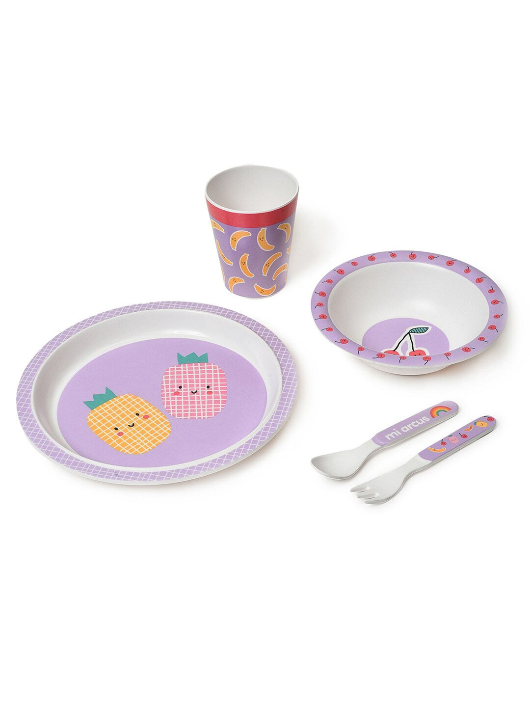 MiArcus Playful Purple Cartoon Characters Melamine Dishwasher Safe 5 Piece Dinner Set