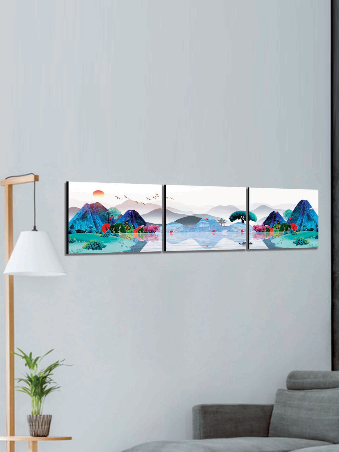 SAF Blue & White 3 Pieces Modern Art Printed UV Coating Wall Art