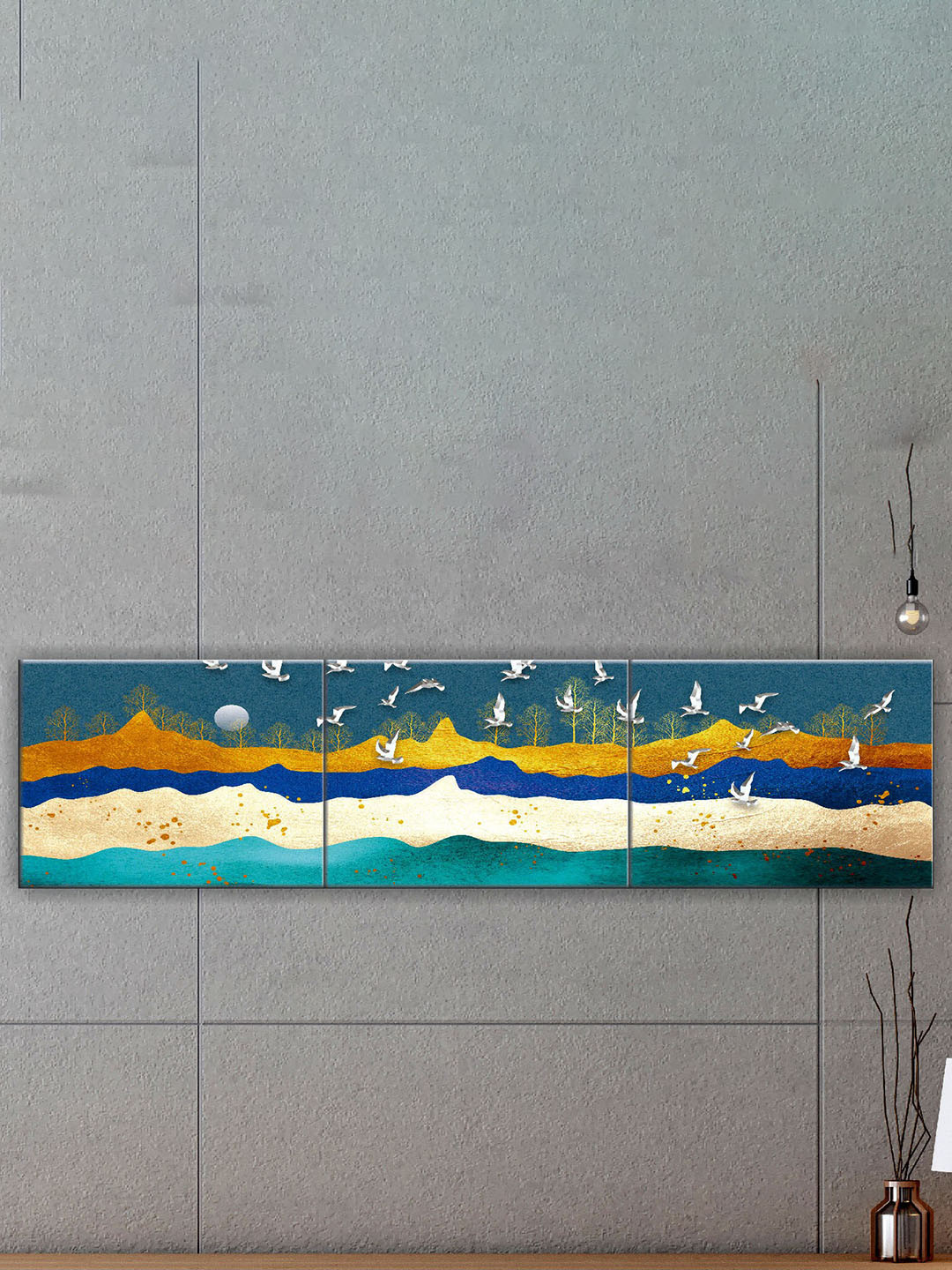 SAF Gold & Blue 3 Pieces Modern Art Printed UV Coating Wall Art