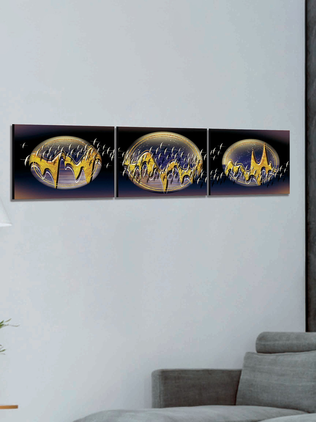 SAF Blue & Gold 3 Pieces Modern Painted Wall Art