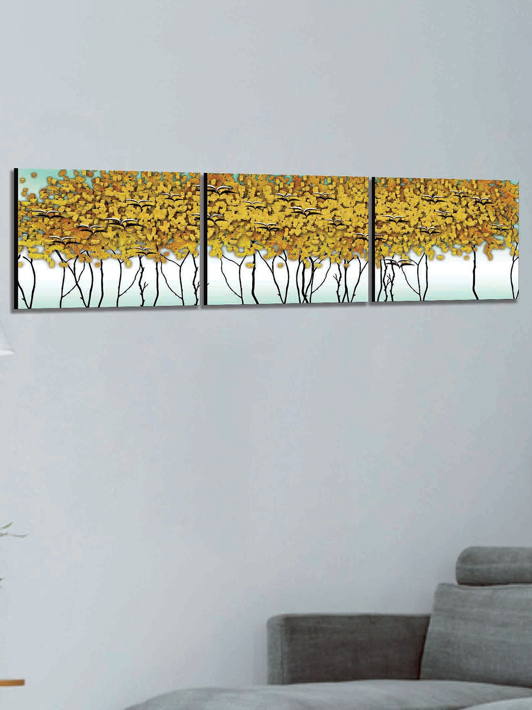 SAF White & Yellow 3 Pieces Modern Art Printed UV Coating Wall Art