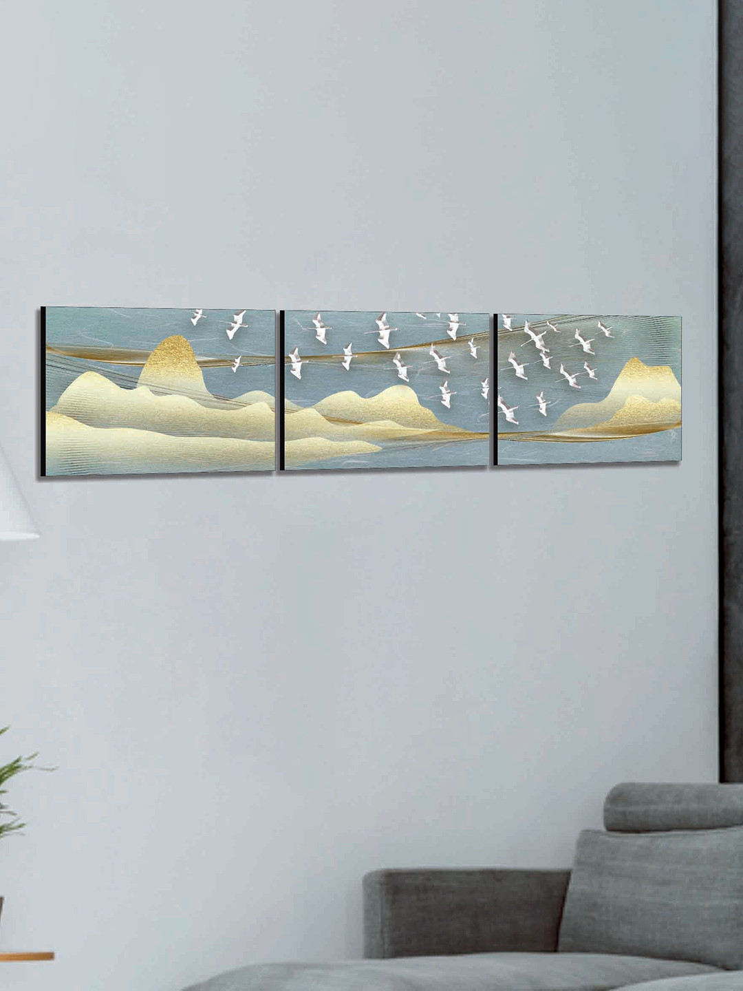 SAF Blue and Beige 3 Pieces Modern Painted Wall Art