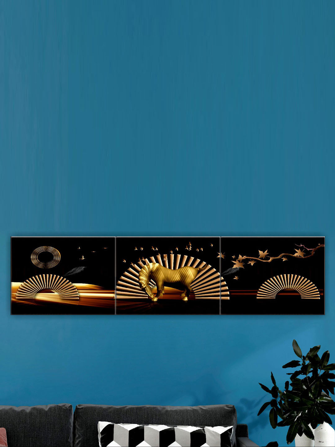 SAF Gold Toned & Black 3 Pieces Modern Painted Wall Art