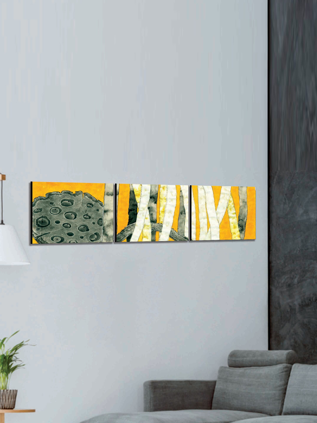 SAF Yellow & Green 3 Pieces Abstract Modern Painted Wall Art