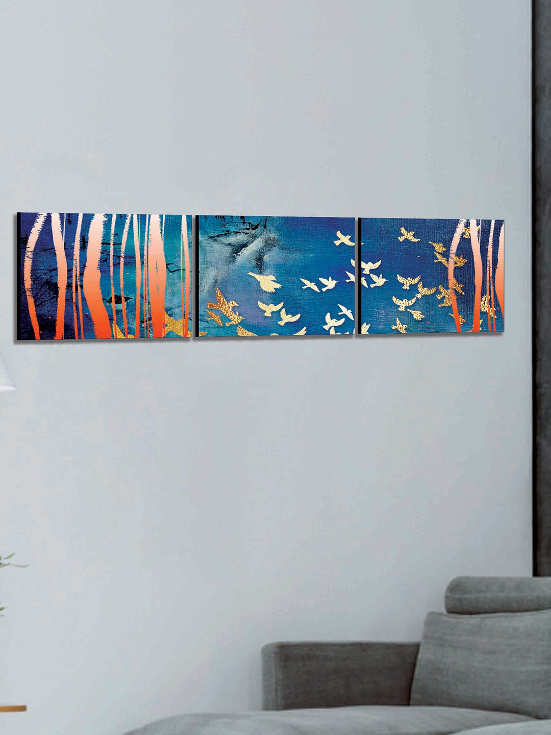 SAF Blue & Rust 3 Pieces Modern Art Abstract Painting Wall Arts