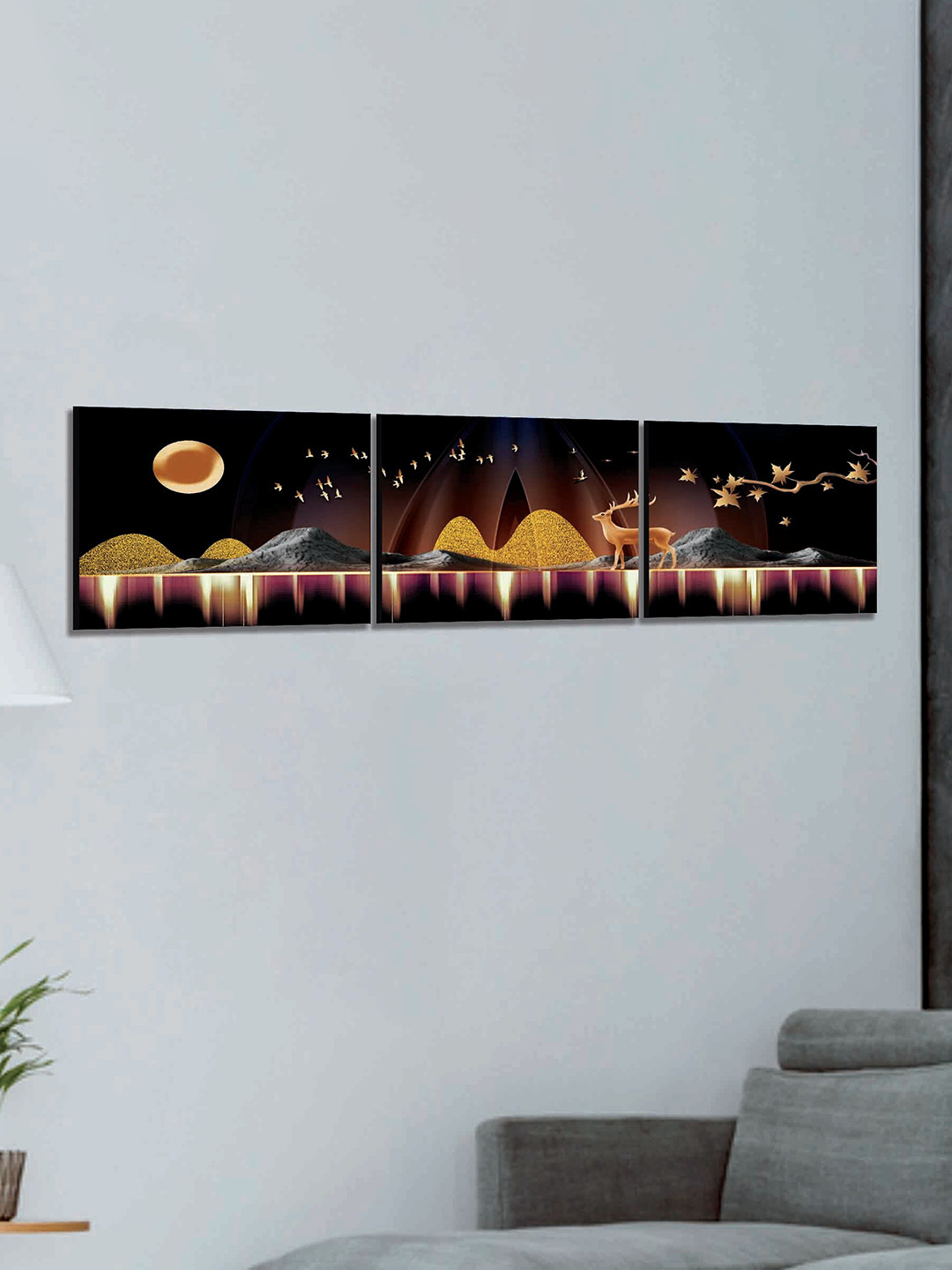 SAF 3 Pieces Black & Gold Modern Art Painting Wall Art