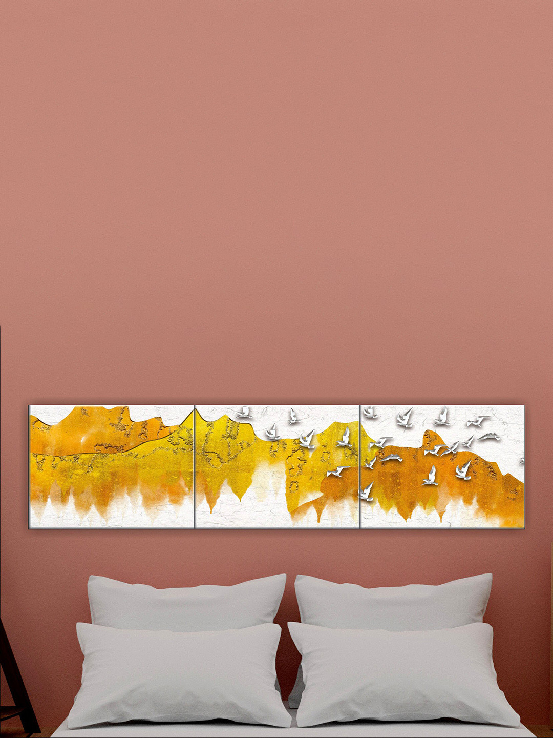 SAF 3 Pieces White & Mustard Yellow Modern Art Wall Painting