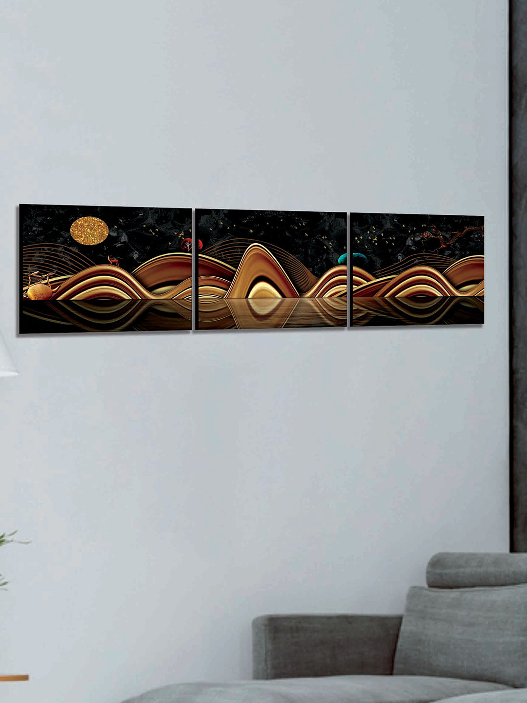SAF Brown & Beige 3 Pieces Modern Art Printed UV Coating Wall Art