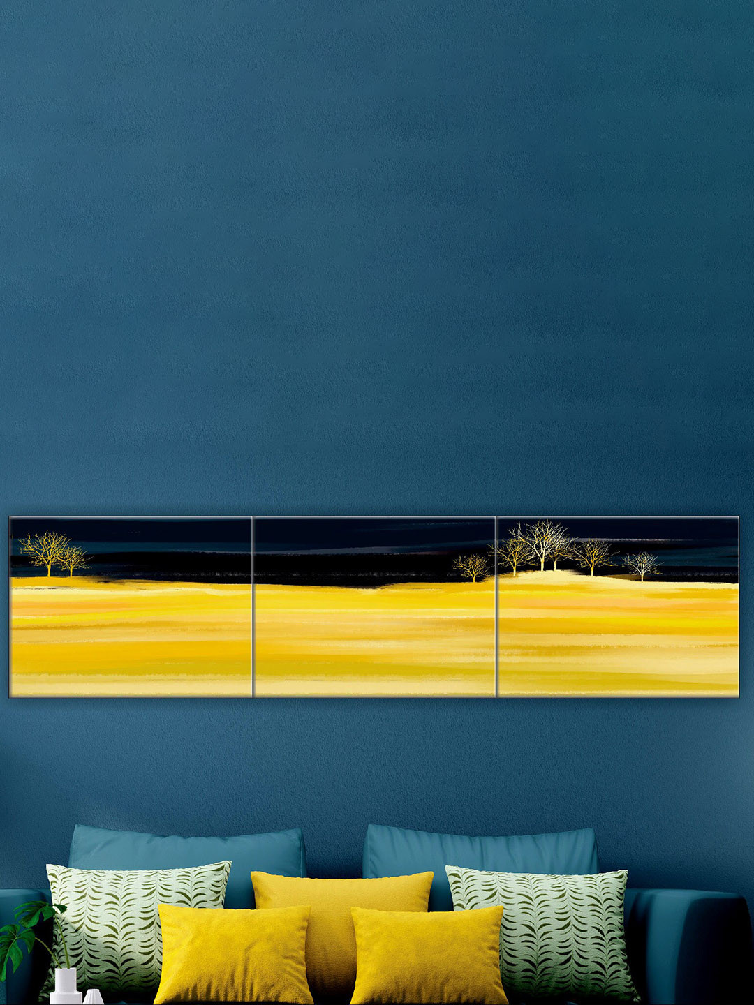 SAF Black & Yellow 3 Pieces Modern Painted Wall Art