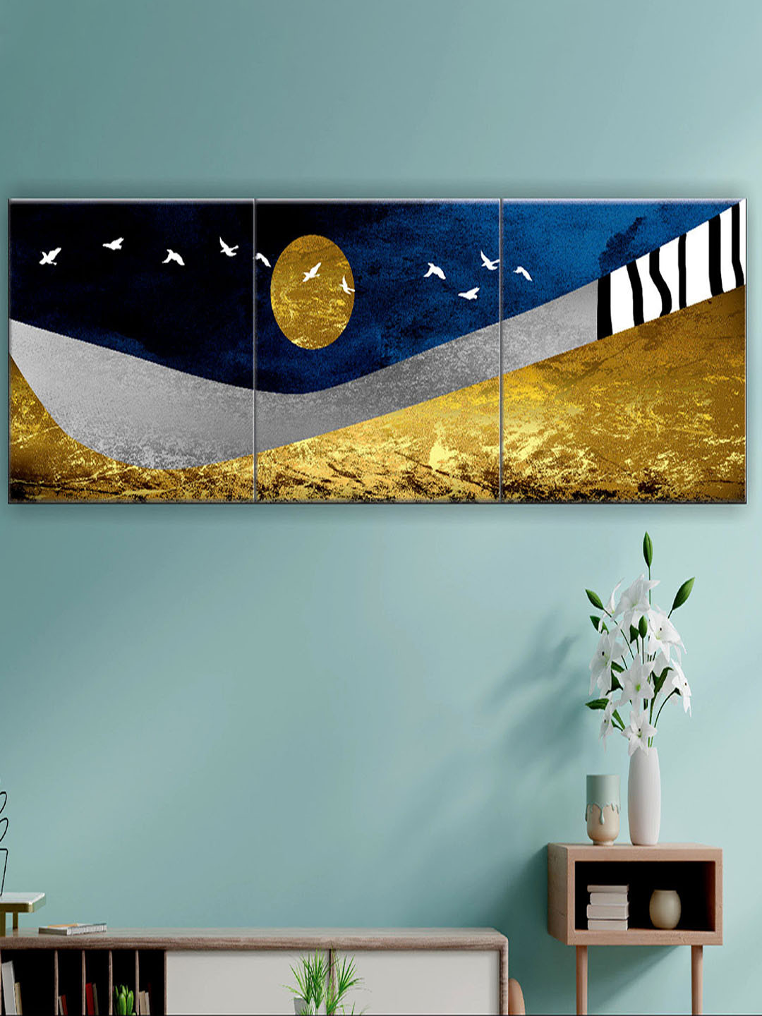 SAF Blue & Gold Toned 3 Pieces Modern Art Abstract Painting UV Coating Finish Wall Arts