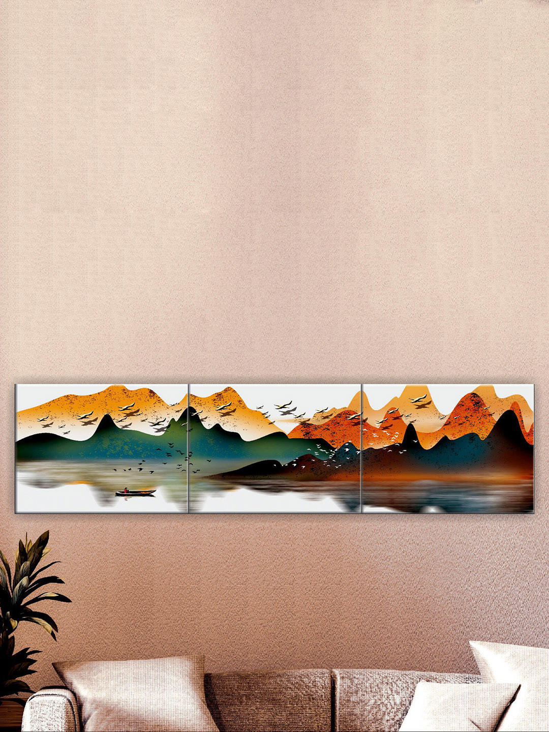 SAF White & Orange Coloured 3-Pieces Modern Art Printed UV Coating Wall Art