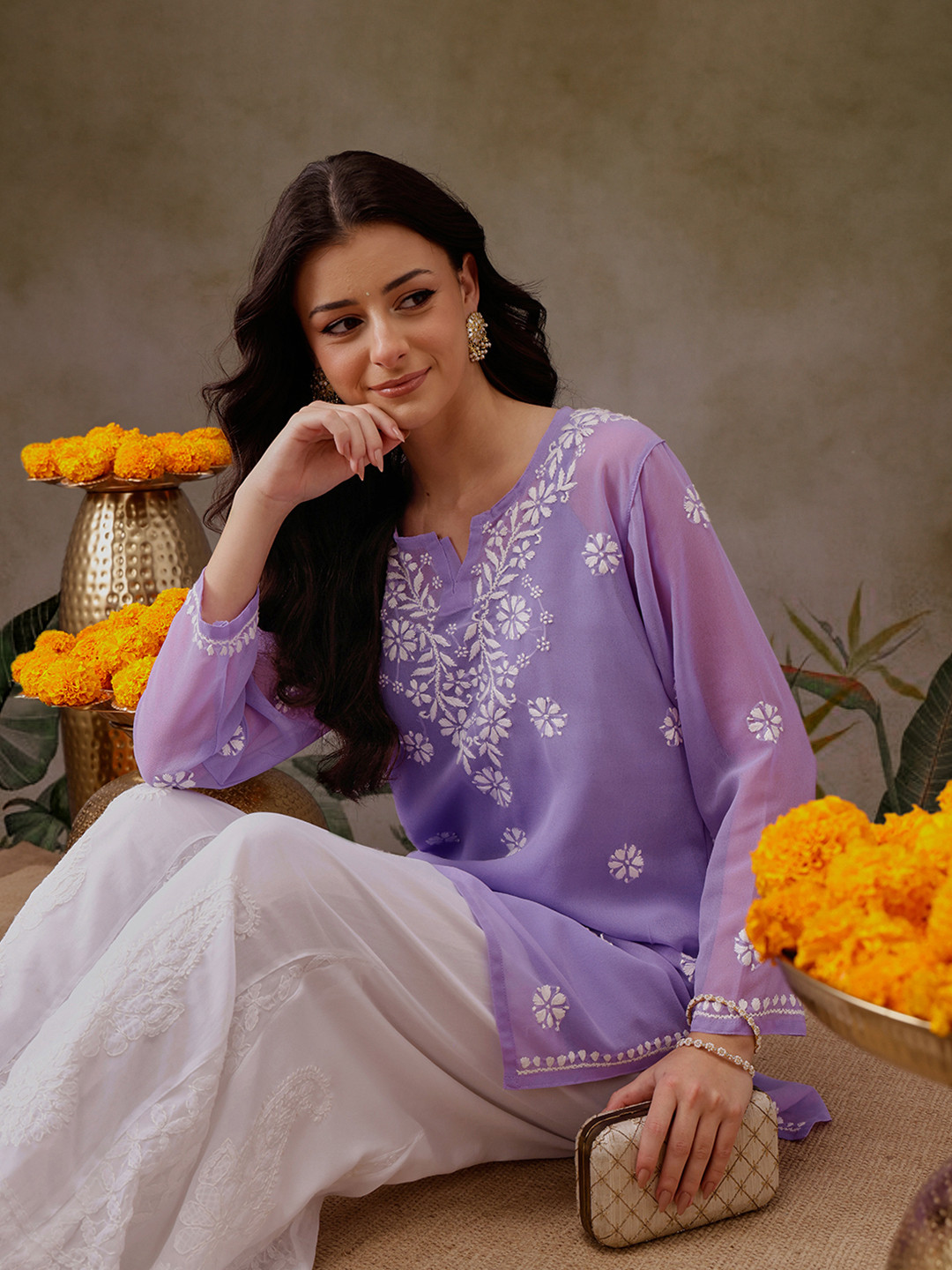 ADA Floral Embroidered Chikankari Kurti with Slip