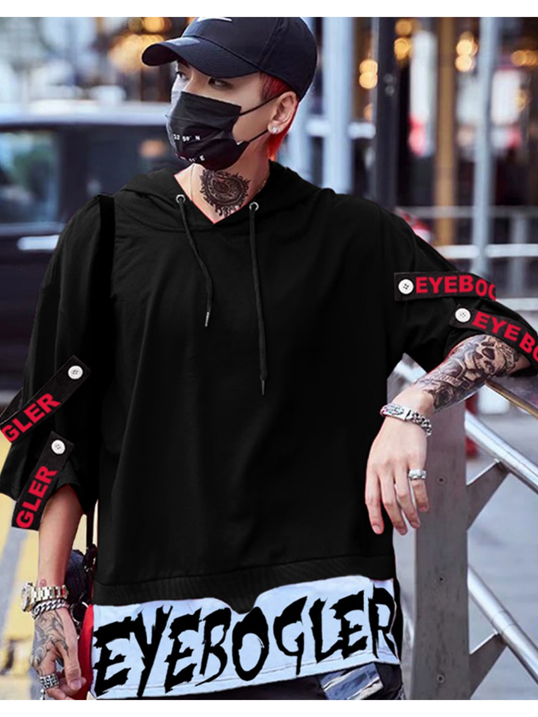 Eyebogler Typography Printed Hooded Drop-Shoulder Cotton Oversize T-shirt