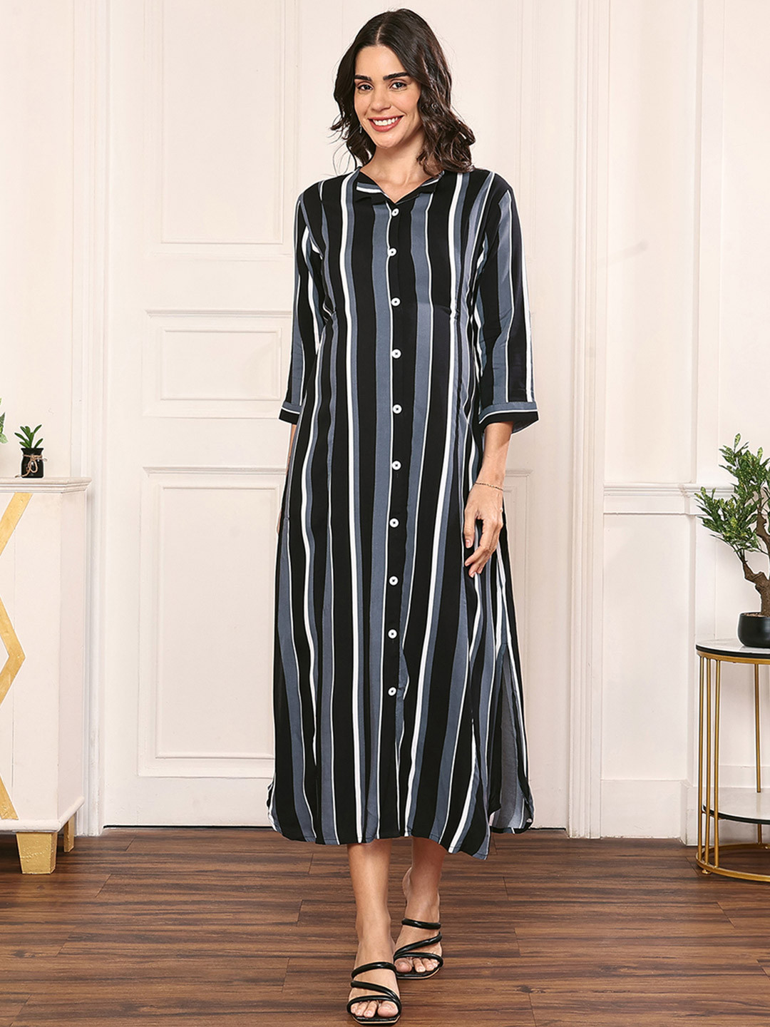 MomToBe Striped Maternity A-Line Midi Dress