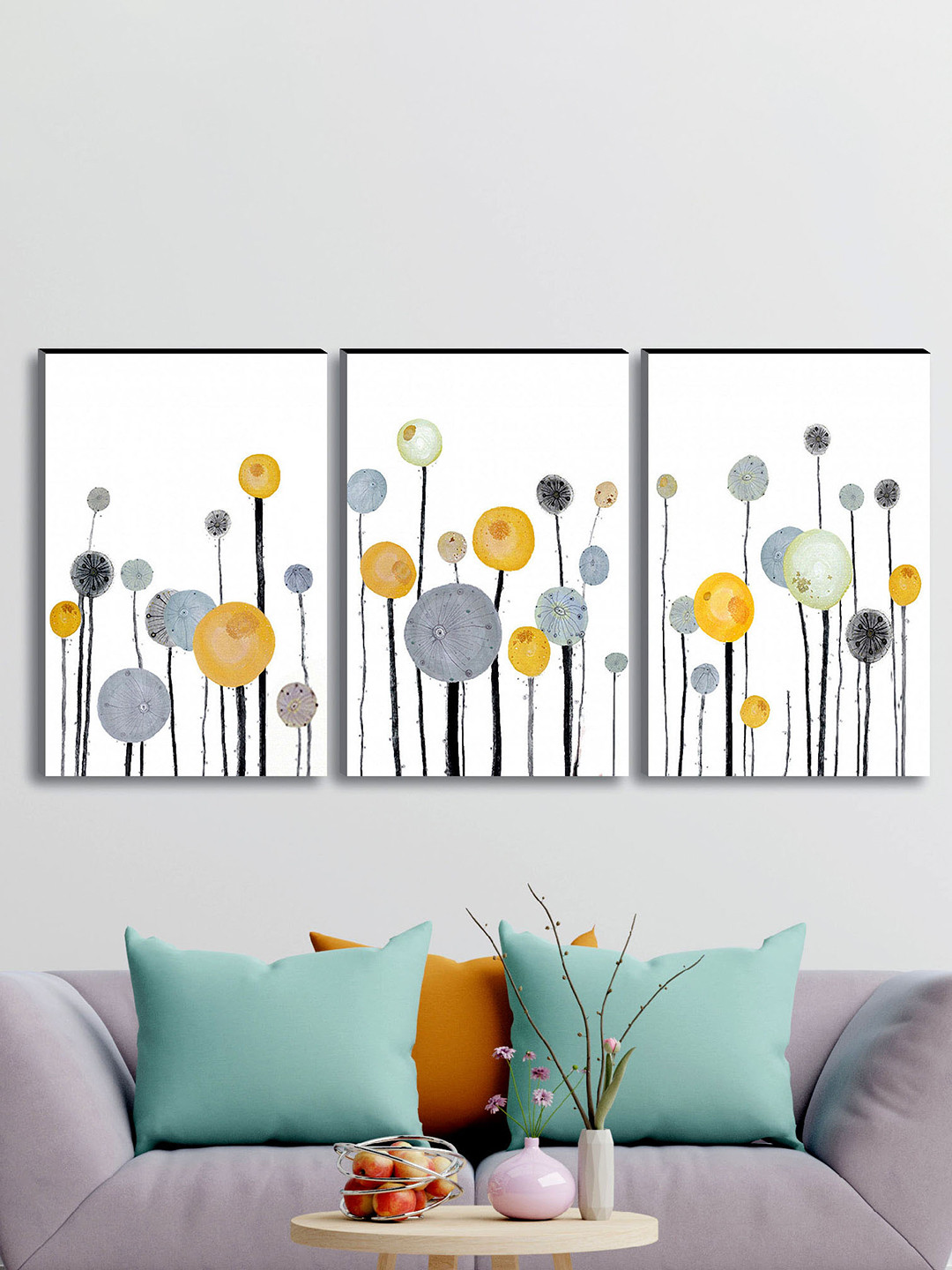 SAF Grey & Yellow 3-Pieces Flower Modern Art Printed UV Coating Wall Art