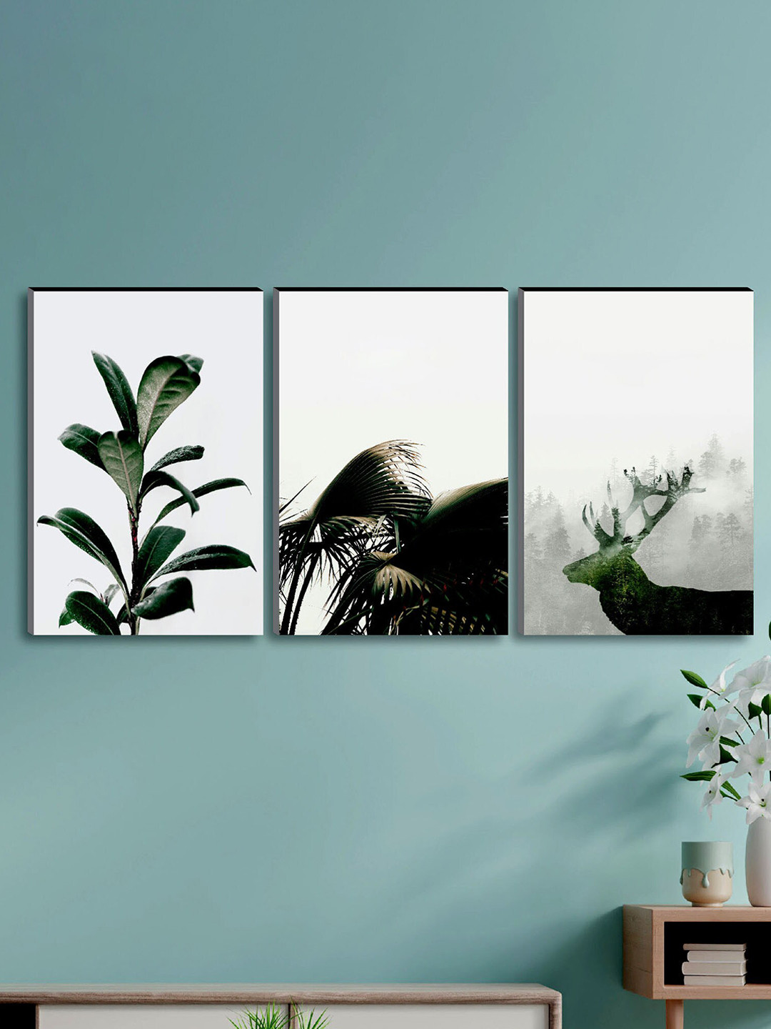 SAF Flower Green Wood 3 Pcs Wall Living Room Rectangle Paintings Wall Art -11.8 x 17.72In
