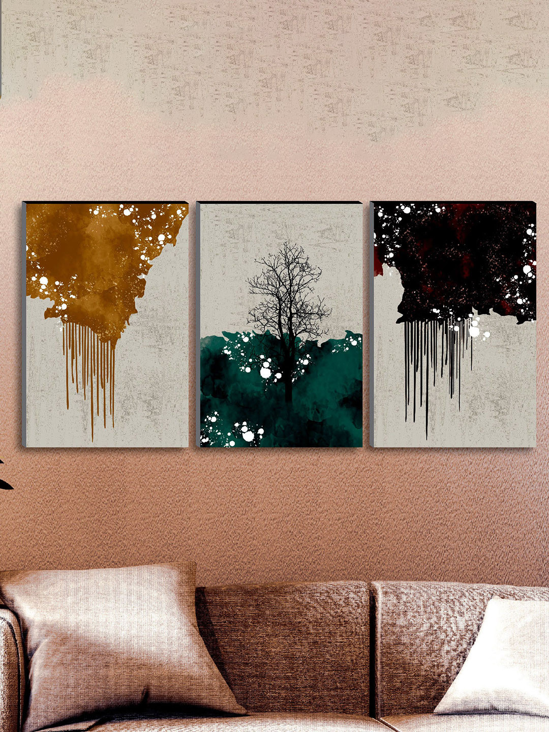 SAF Yellow & Green 3-Pieces Modern Art Printed UV Coating Wall Art