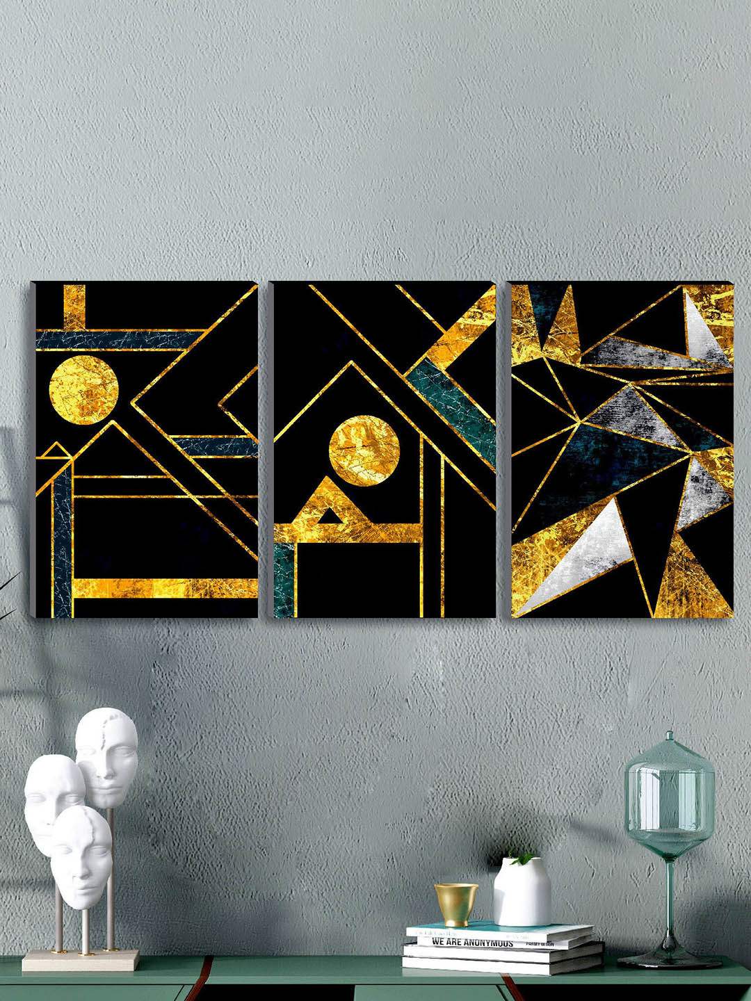 SAF Black MDF 3 Pcs Wall Living Room Rectangle Potrait Paintings Wall Art -11.8 x 17.72In