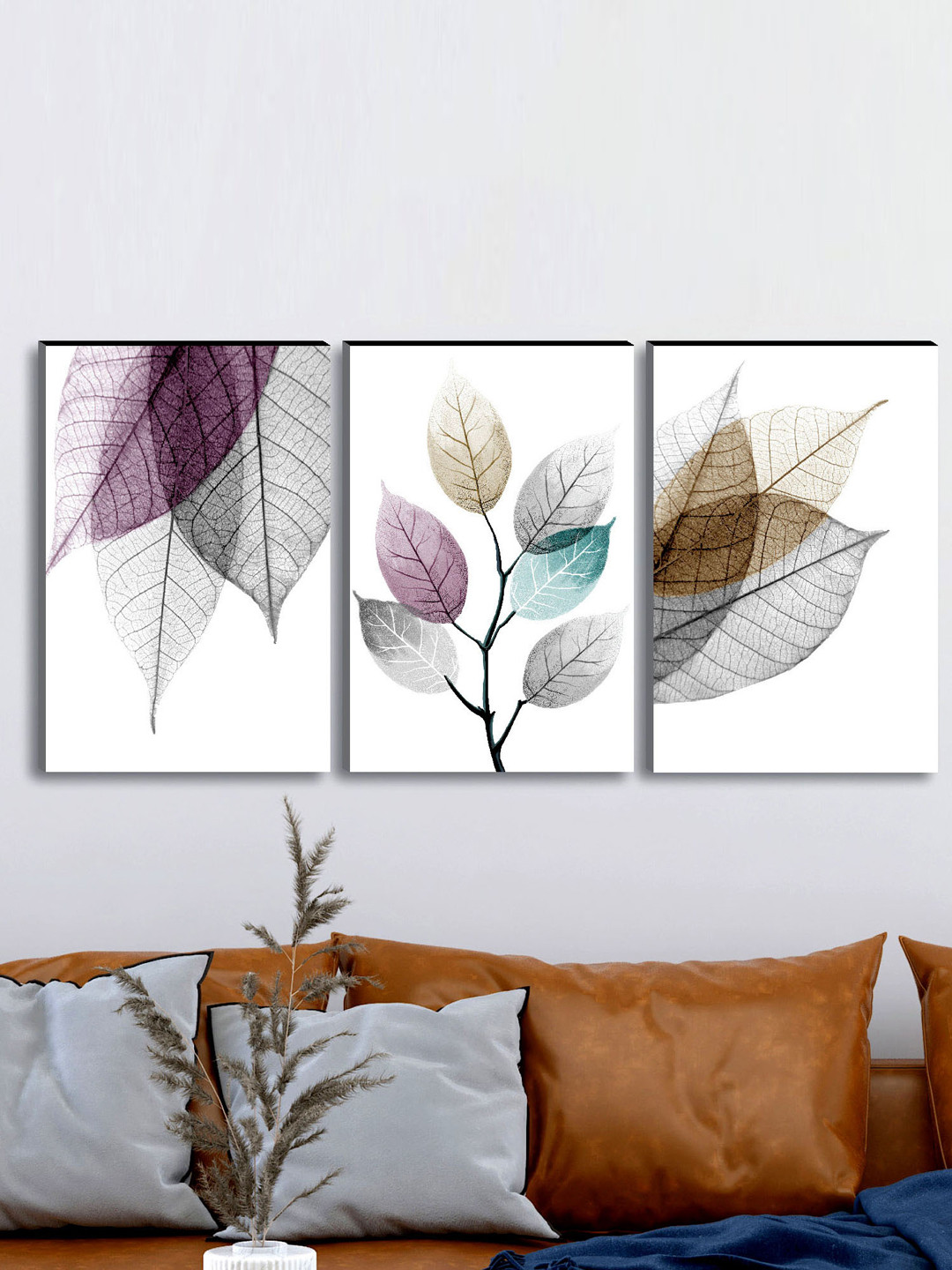 SAF White & Purple 3-Pieces Leaf Modern Art Printed UV Coating Wall Art