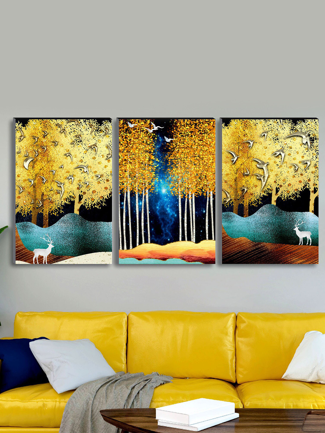 SAF Yellow & White 3-Pieces Modern Art Printed UV Coating Wall Art