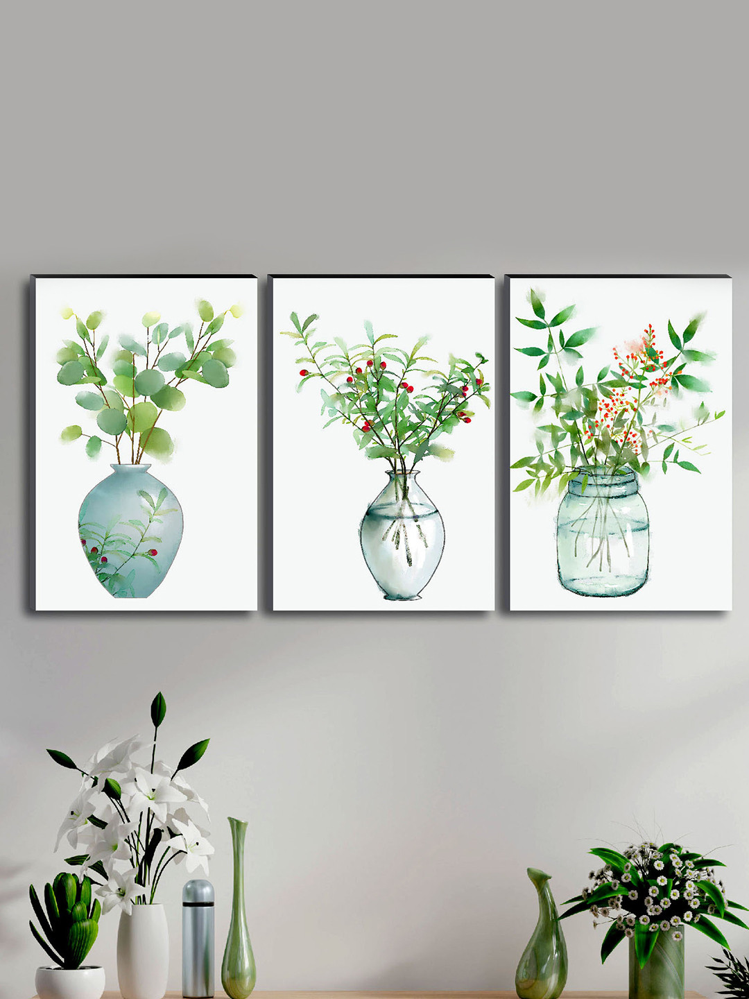 SAF Flower Pot Wood 3 Pcs Wall Rectangle Paintings Wall Art -17.7x11.8In