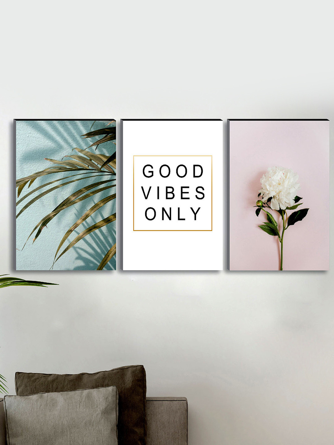 SAF Blue & White 3-Pieces Good Vibes Printed UV Coating Wall Art