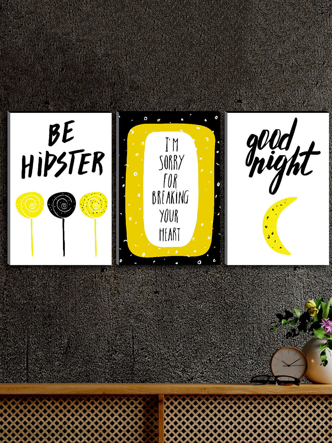 SAF White & Yellow 3-Pieces Sorry Modern Art Printed UV Coating Wall Art