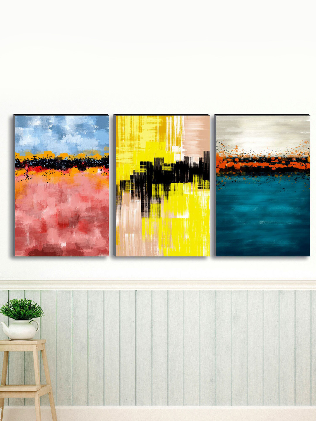 SAF Pink & Yellow 3-Pieces Modern Art Printed UV Coating Wall Art