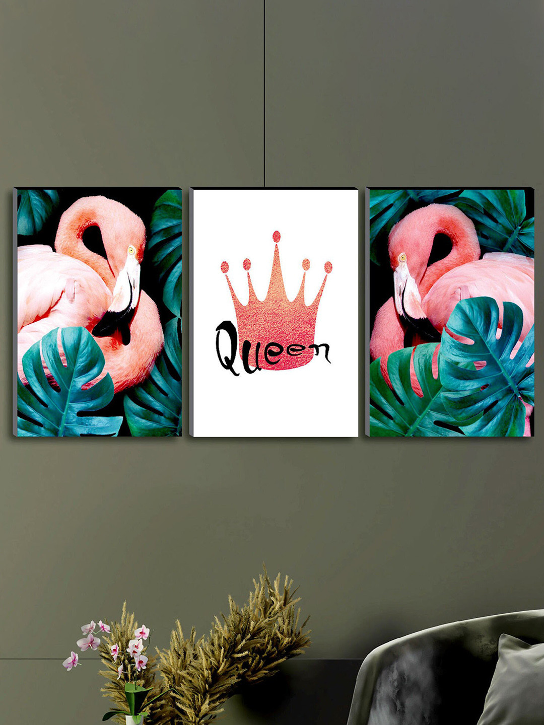SAF Pink & Green 3-Pieces Love Flamingo Printed UV Coating Wall Art