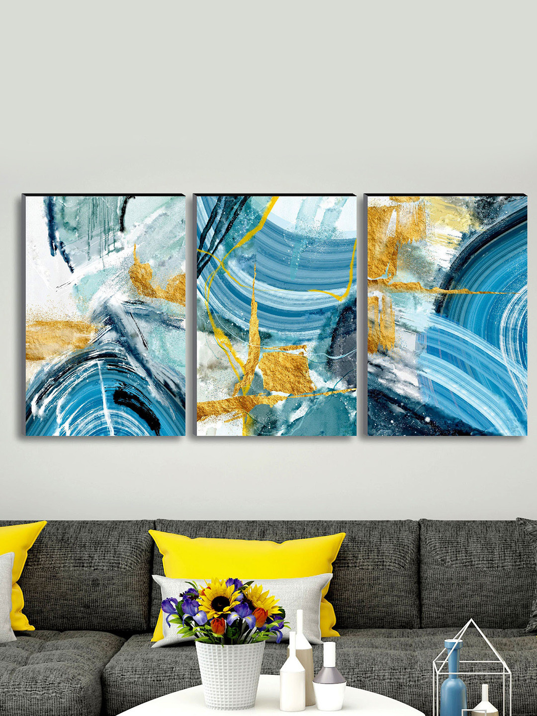 SAF Blue & White 3-Pieces Modern Art Printed UV Coating Framed Wall Art