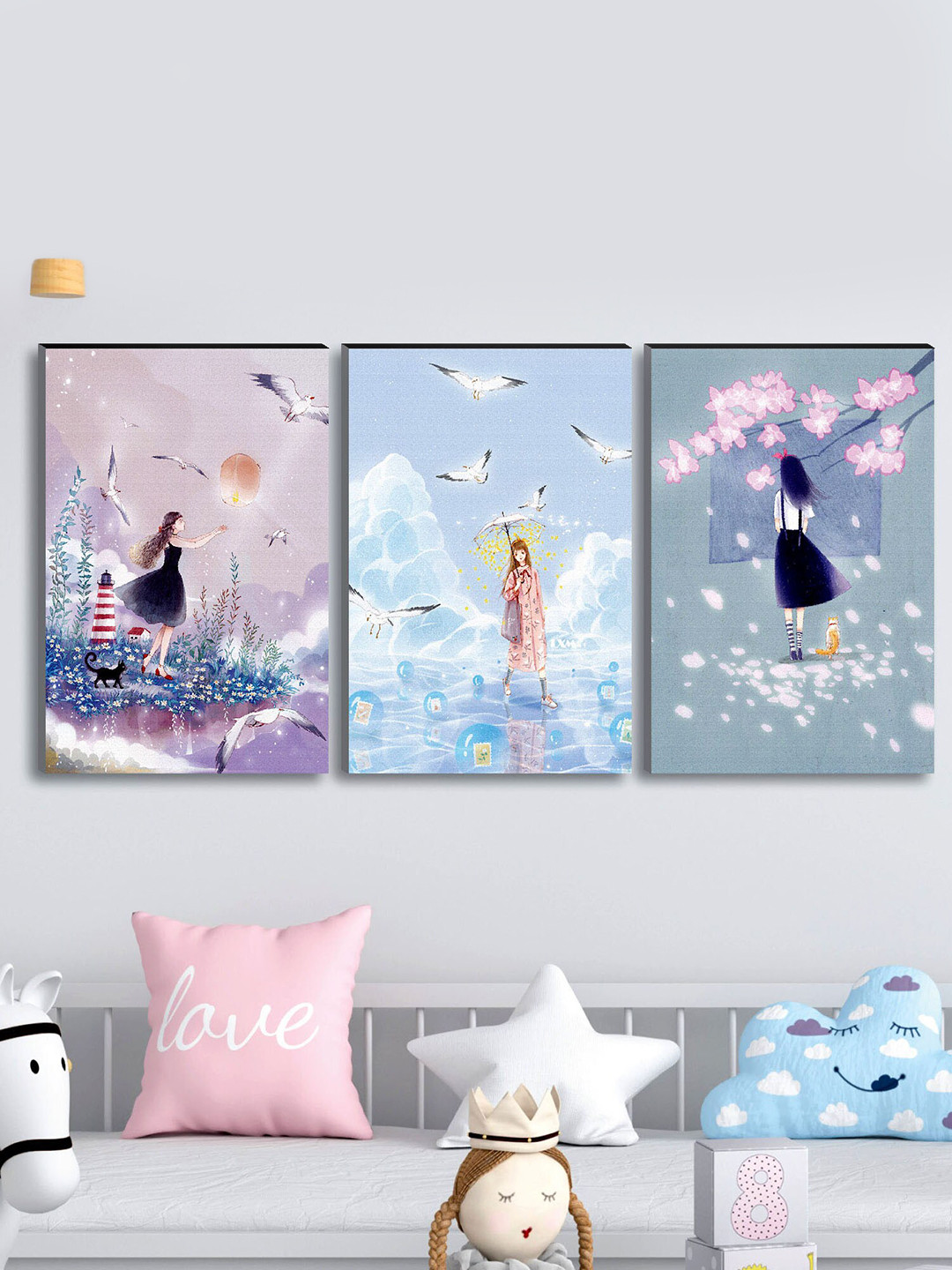 SAF Purple Wood 3 Pcs Wall Living Room Rectangle Paintings Wall Art -53.15 x 35.43In