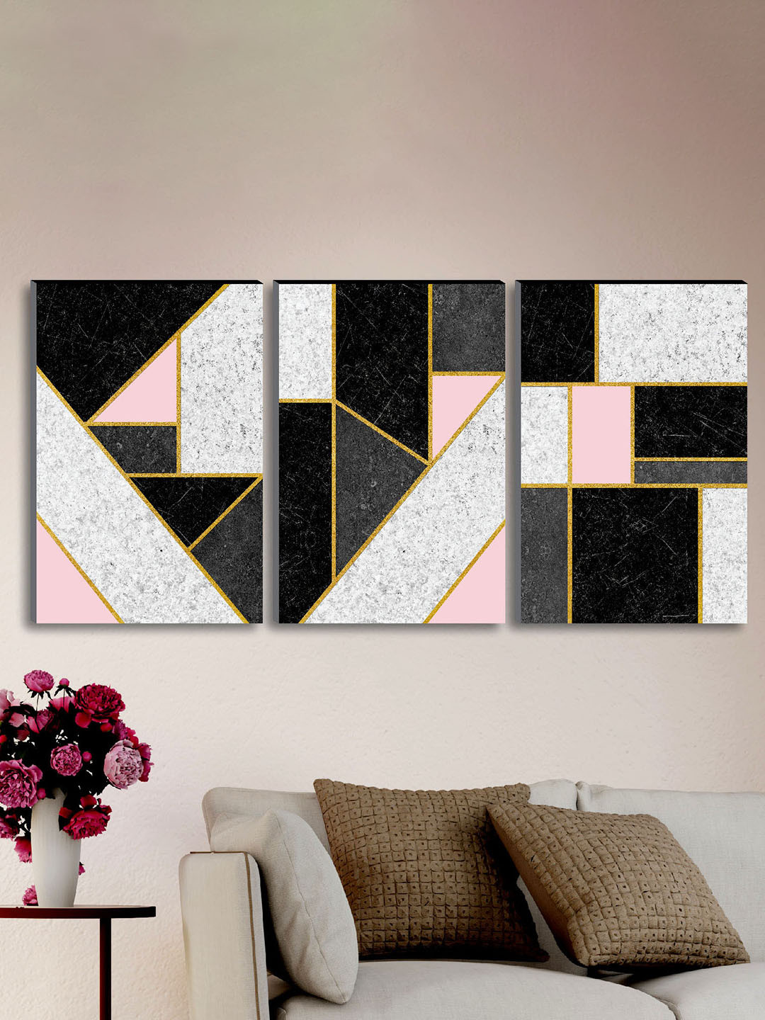 SAF Pink & Black 3 Pieces Geometric Painting UV Coating Wall Arts