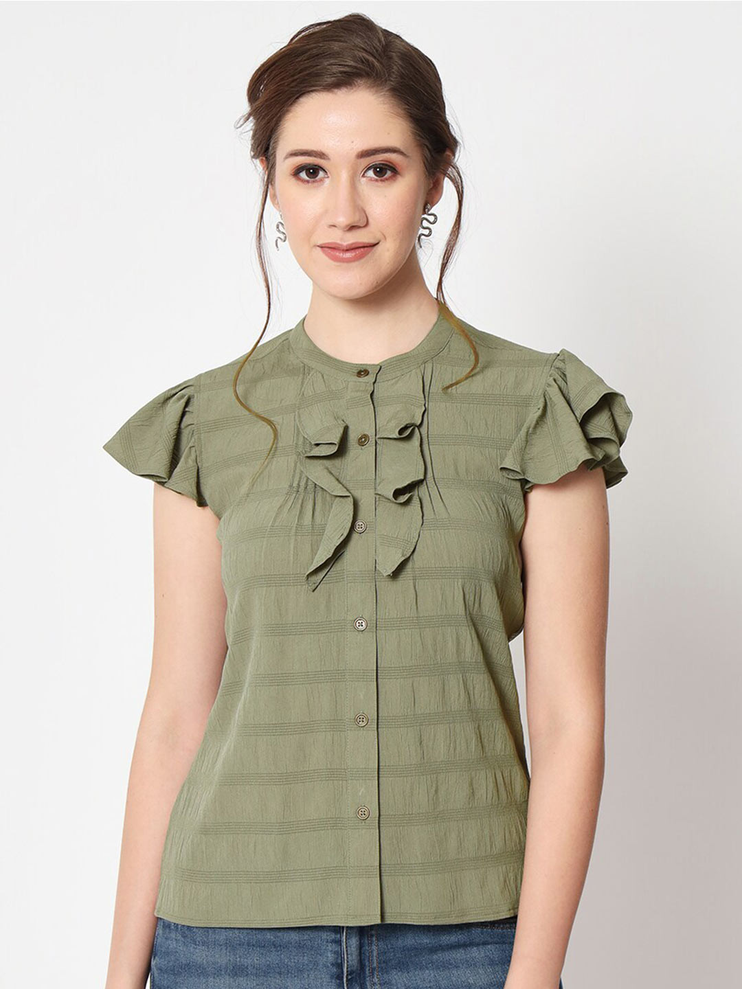 CHARMGAL Horizontal Striped Flutter Sleeves Ruffled Shirt Style Top