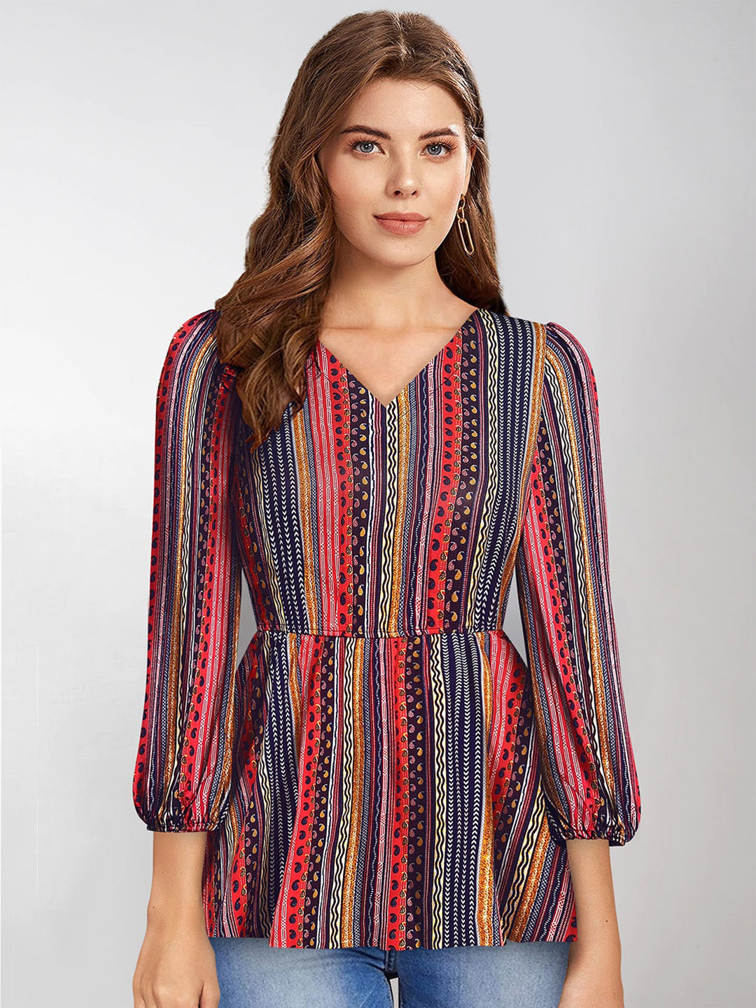 KERI PERRY Ethnic Motifs Printed V-Neck Puff Sleeve Peplum Top