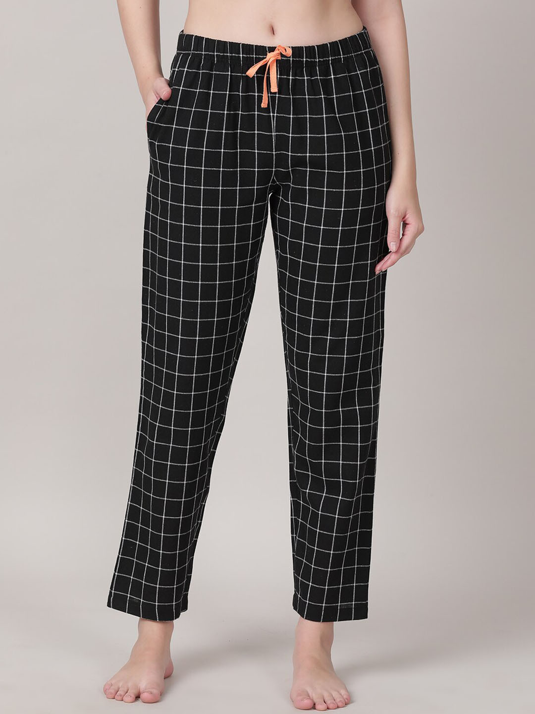 mackly Women Black & White Checked Pure Cotton Lounge Pants