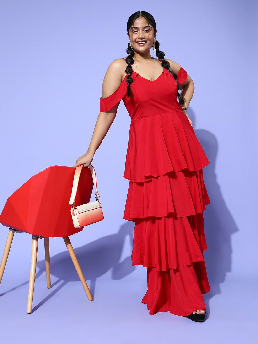 Berrylush Curve Plus Size Red Cold-Shoulder Layered Crepe Maxi Dress