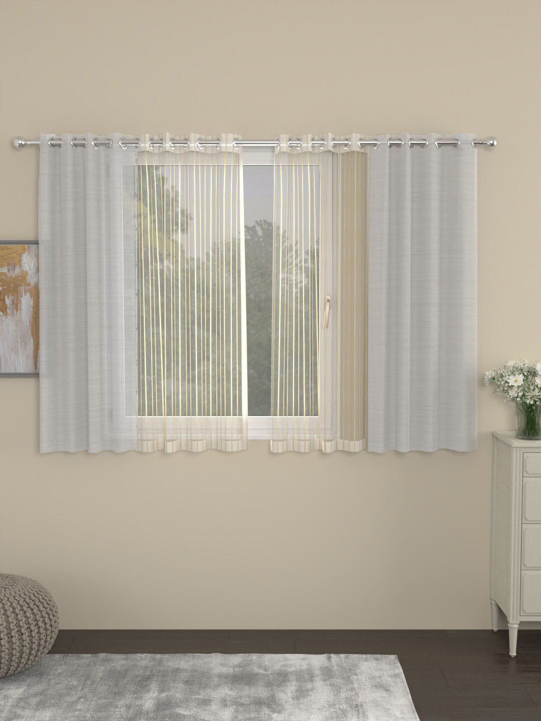 ROSARA HOME Dove Off White 4-Pieces Striped Sheer Window Curtains