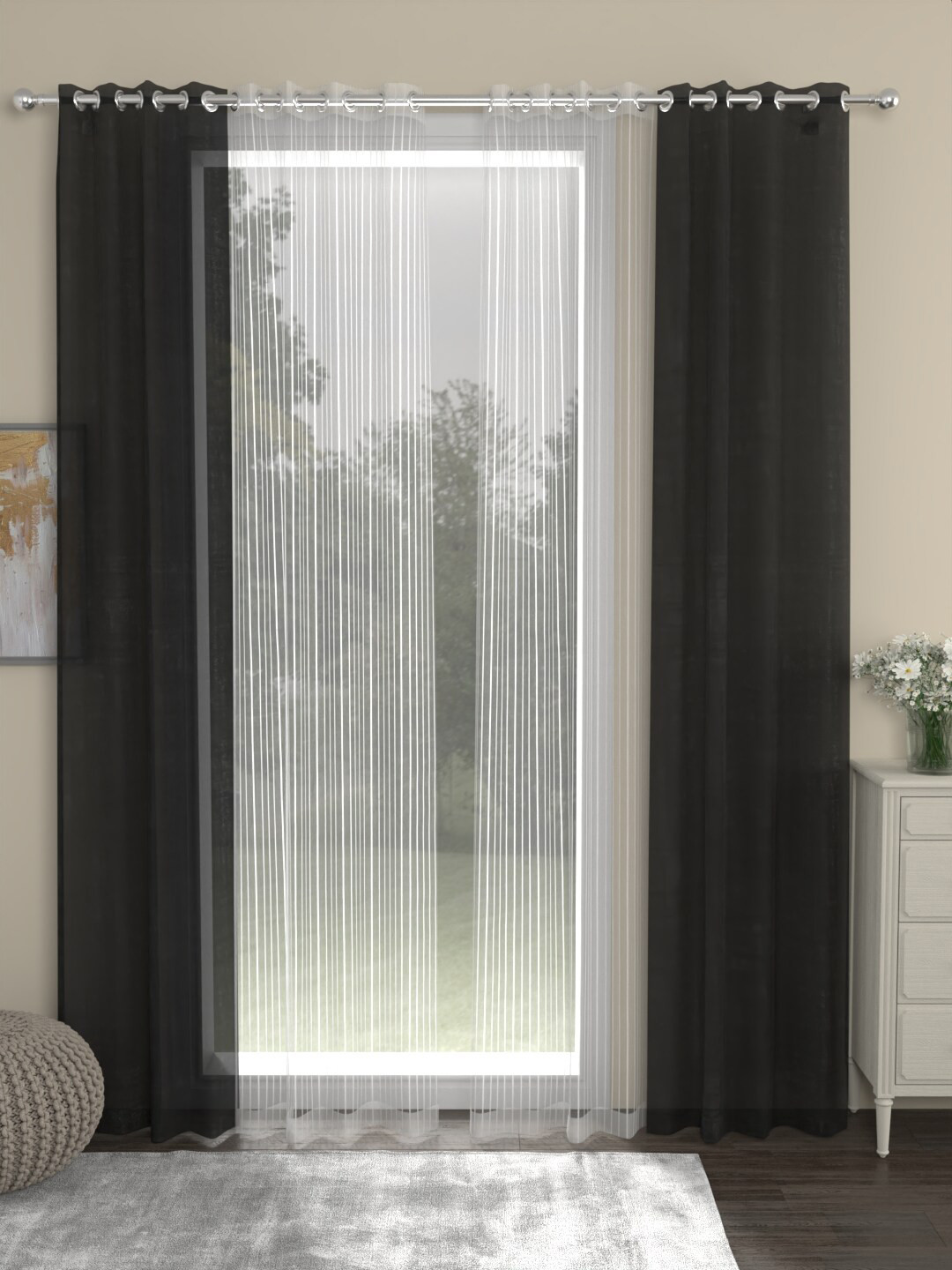 ROSARA HOME Dove Striped Grey 2 Pieces Door Curtains & 2 Pieces Striped Sheers