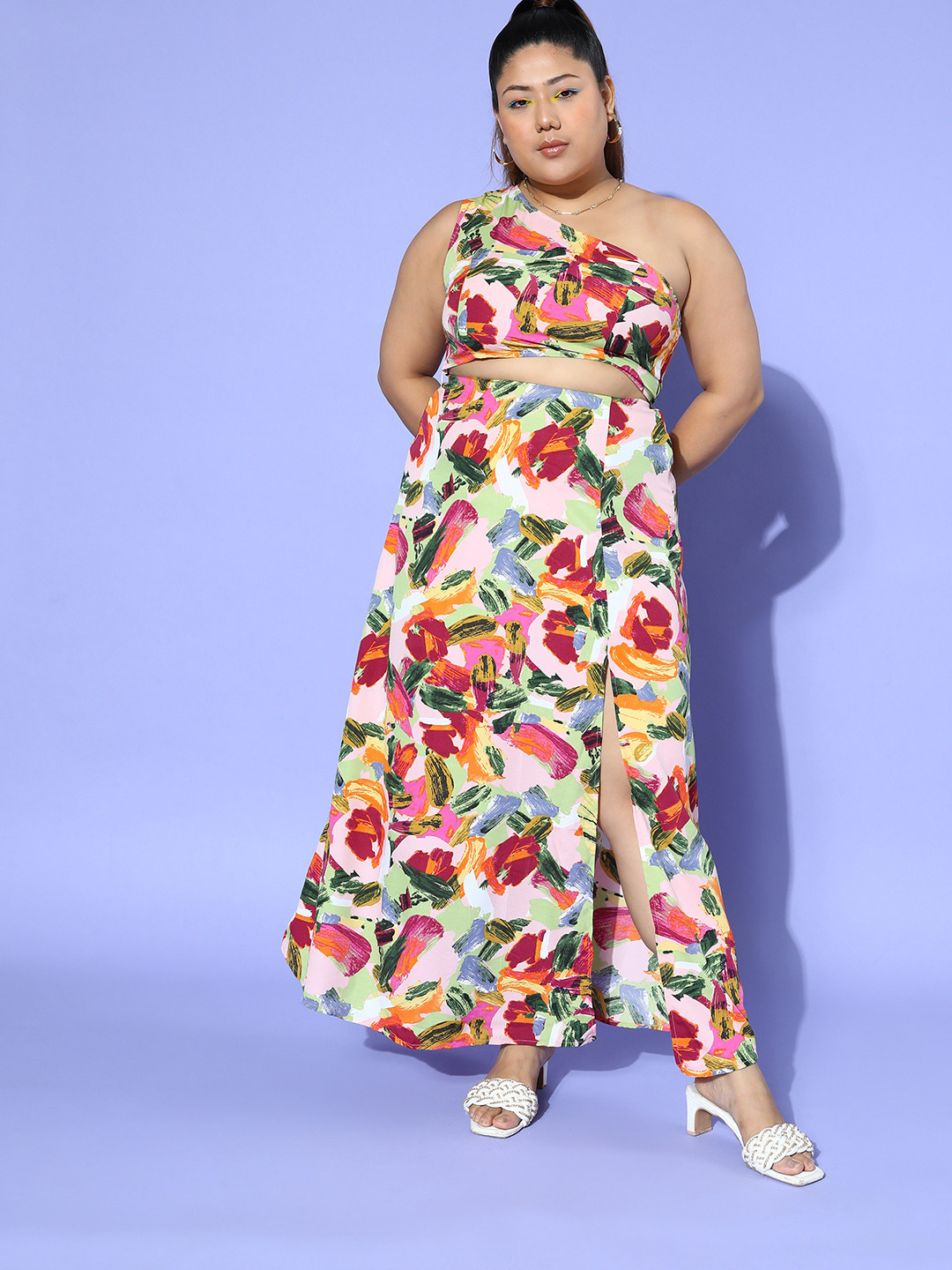 Berrylush Curve Printed One-Shoulder Neck Thigh-High Slit Maxi Co-Ord Set