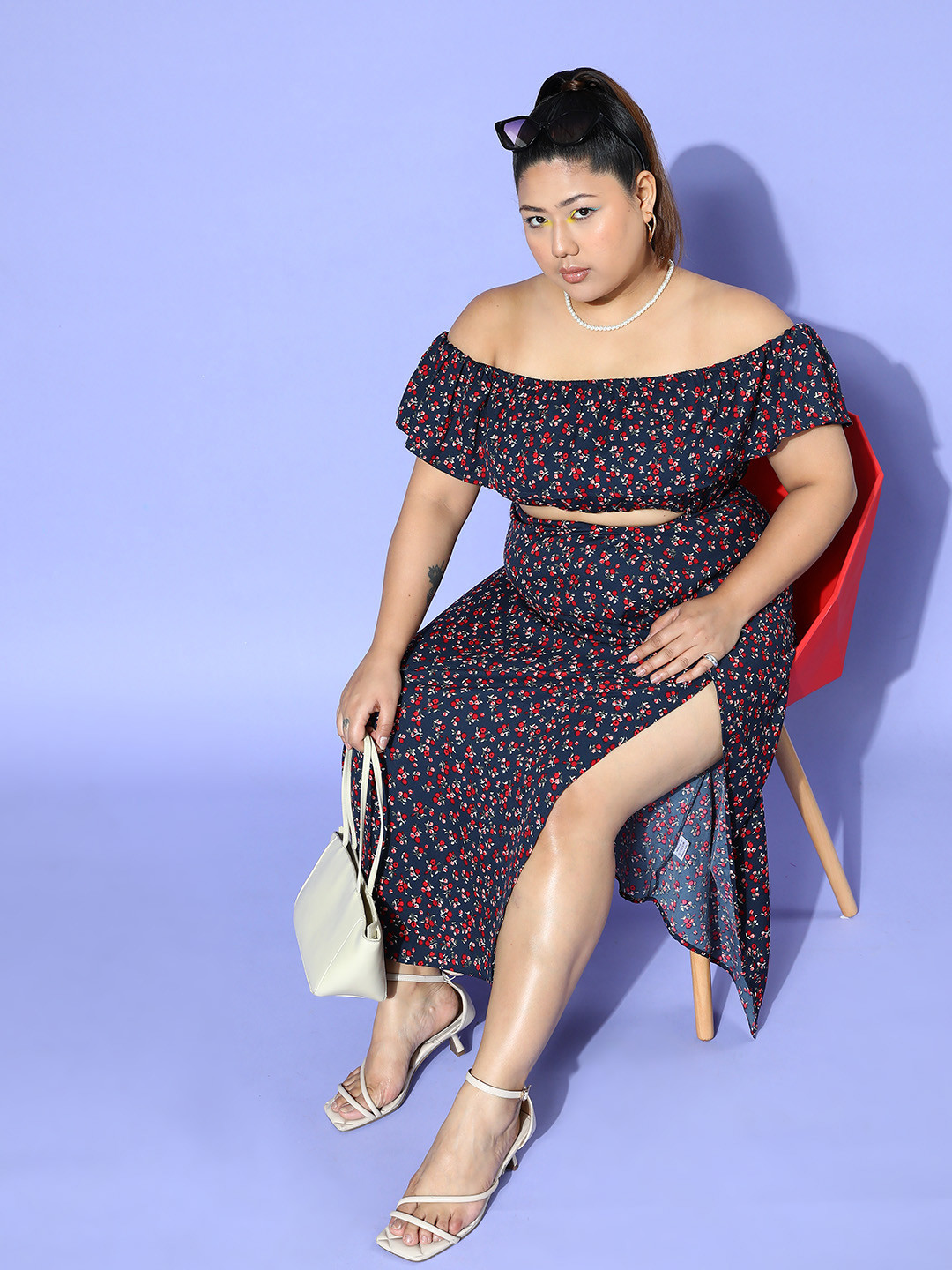 Berrylush Curve Floral Printed Off-Shoulder Neck Ruffled Skirt & Top Co-Ord Set