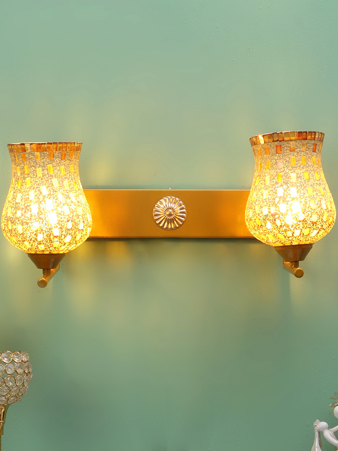 MFD HOME FURNISHING Yellow Mosaic Design 2 Pcs Glass Wall Mounted Lamps With Metal Base