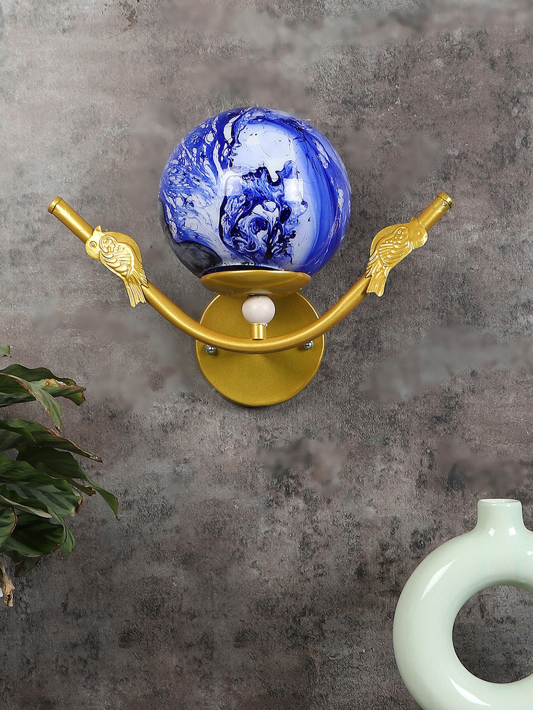 MFD HOME FURNISHING Blue & Beige Textured Glass Shade Wall Mounted Lamp With Metal Base