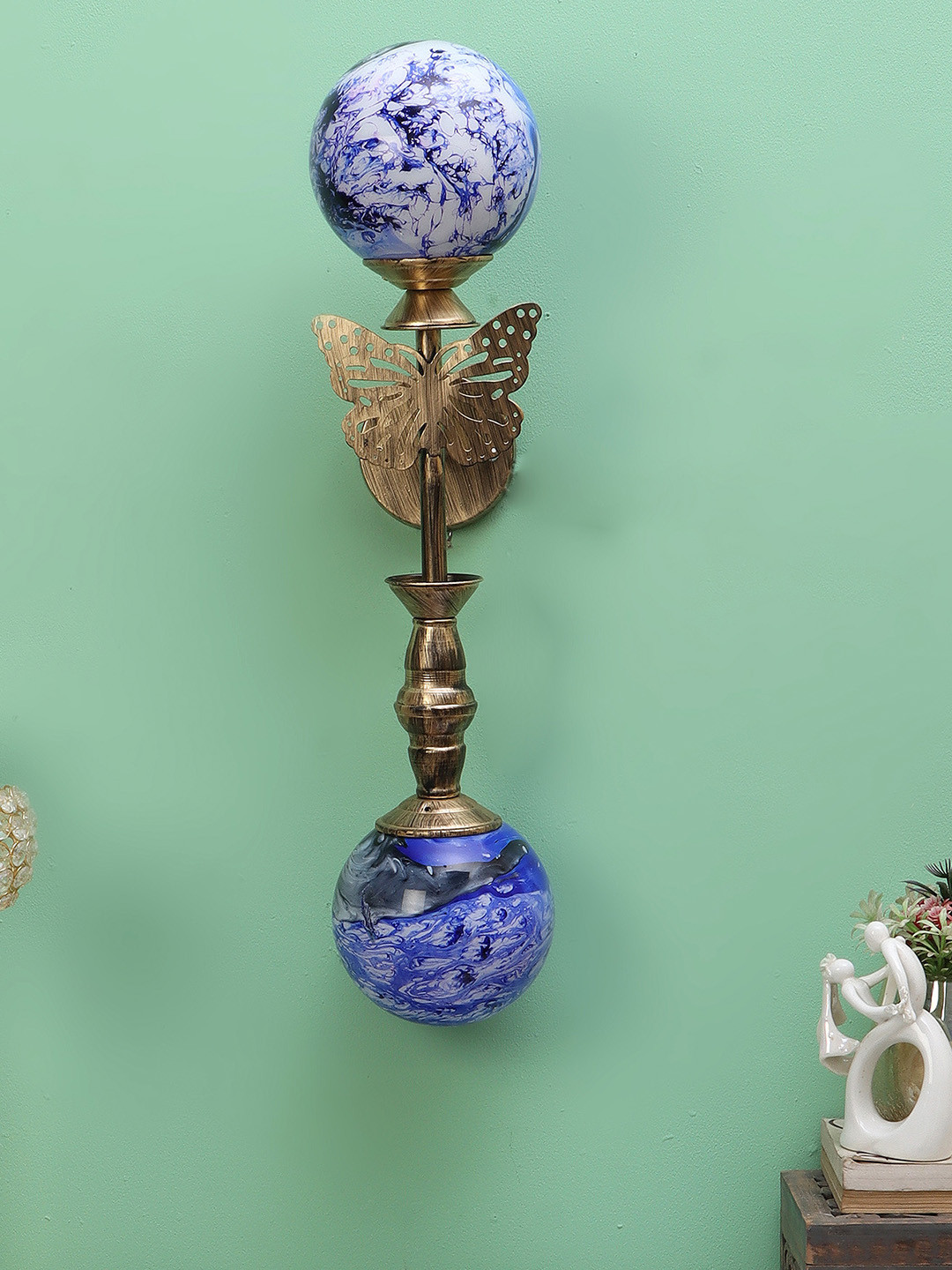 MFD HOME FURNISHING Blue & Beige Textured Glass Shade Wall Mounted Lamp With Metal Base