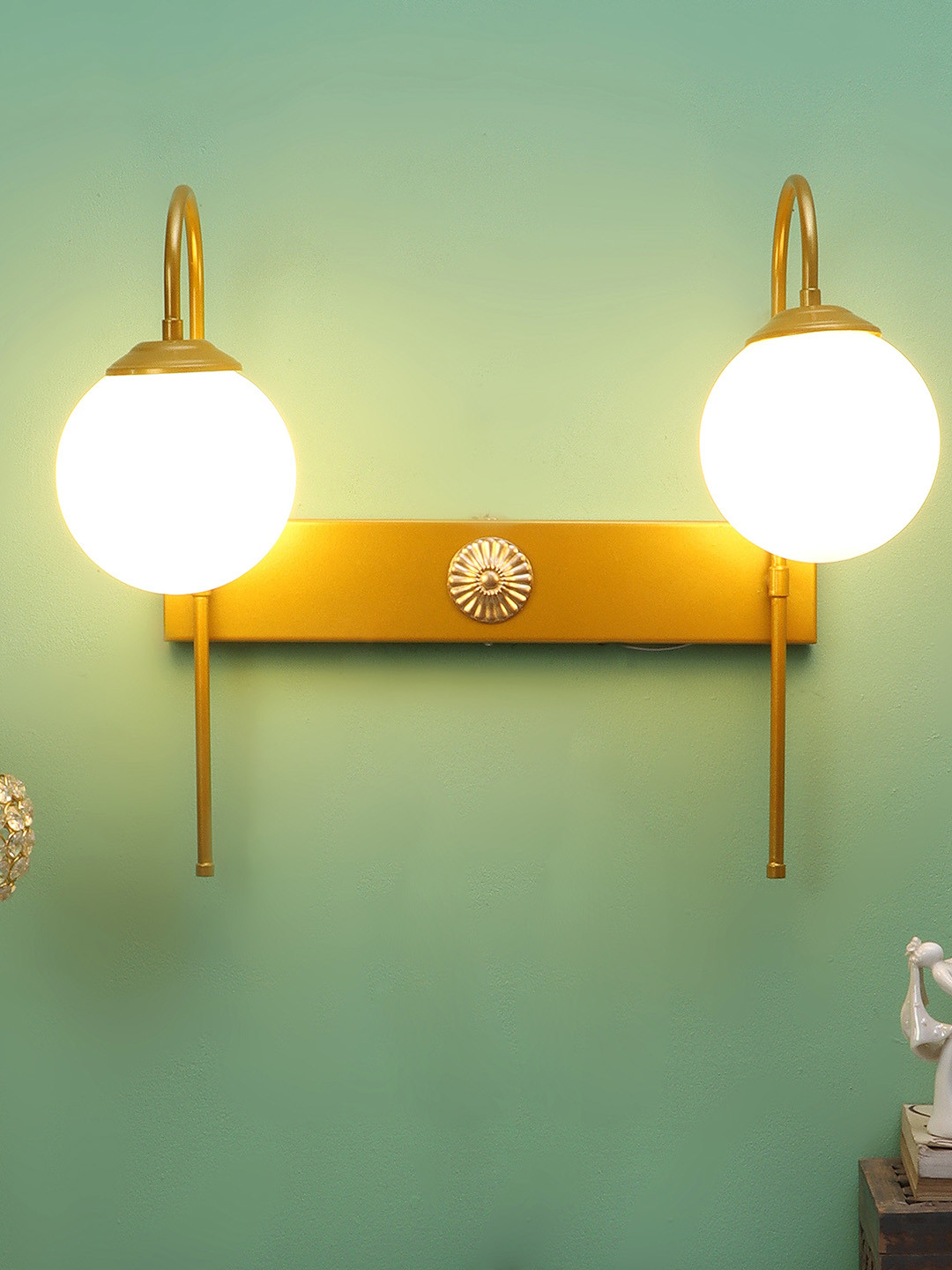 MFD HOME FURNISHING White & Beige Dual 2 Pcs Glass Shade Wall Mounted Lamp With Metal Base